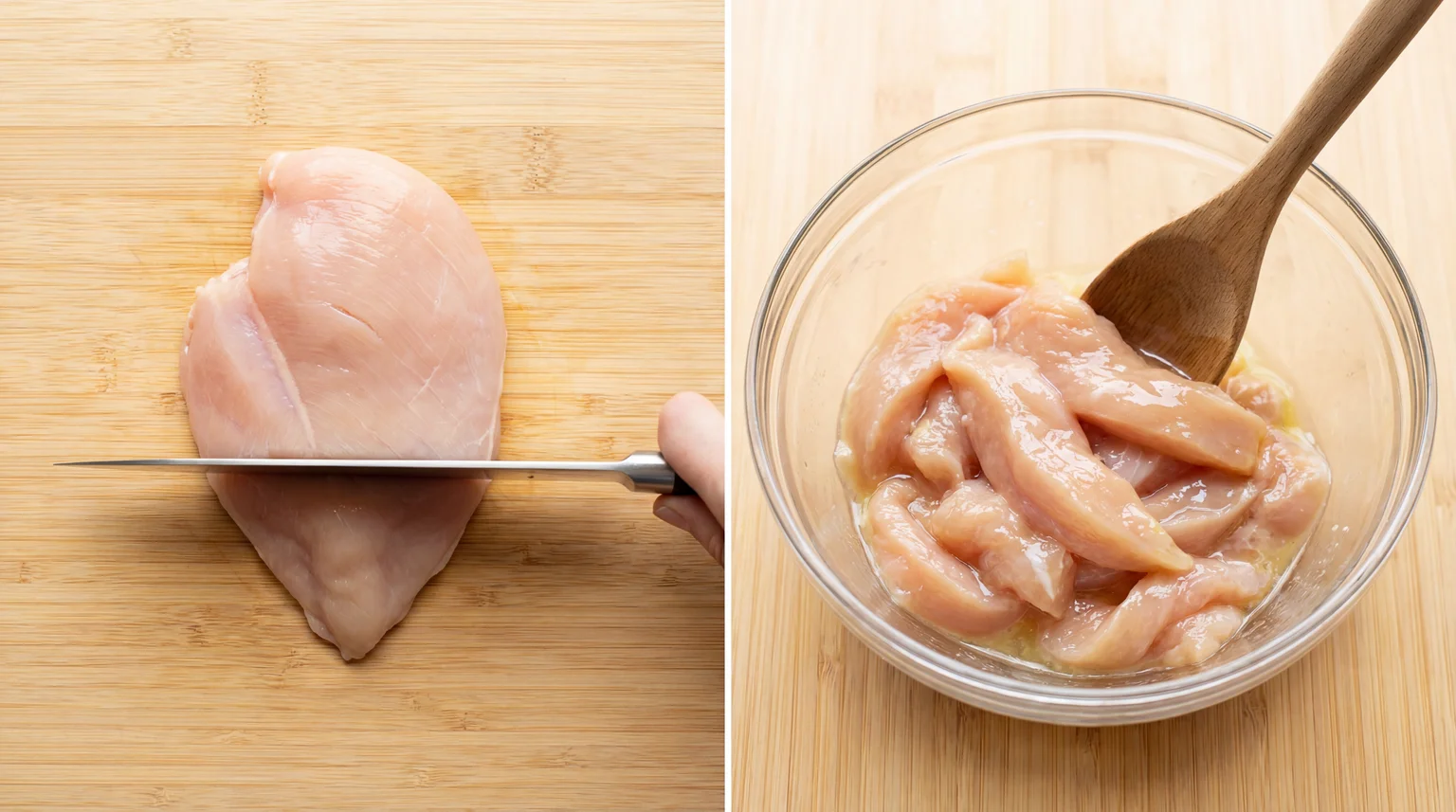 Slicing chicken breast against the grain for Moo Goo Gai Pan, with velveted chicken strips in egg white cornstarch marinade