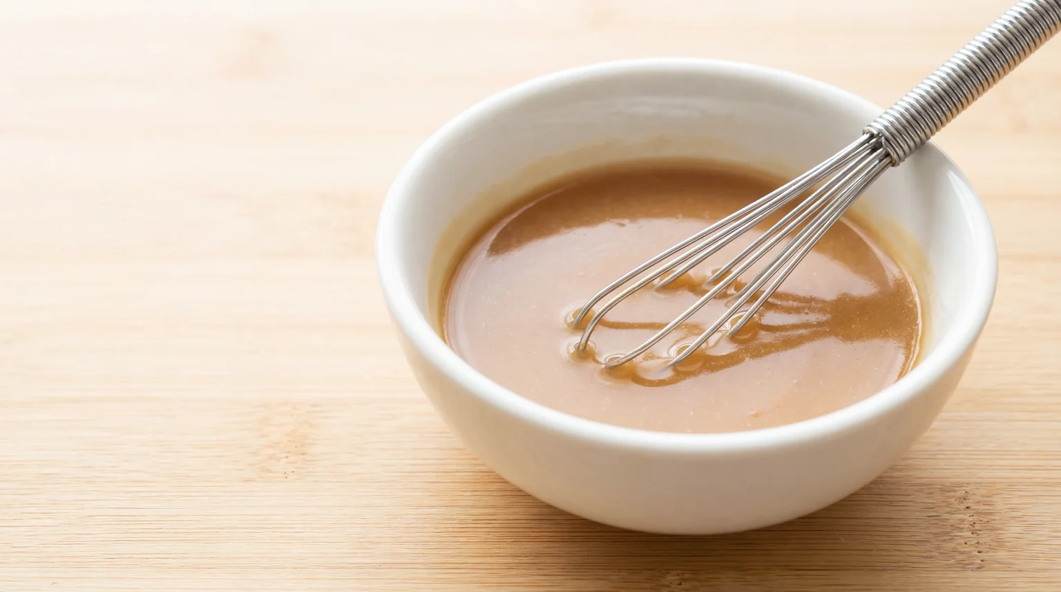 Whisked Moo Goo Gai Pan sauce in white bowl with metal whisk, smooth glossy light brown mixture with no lumps