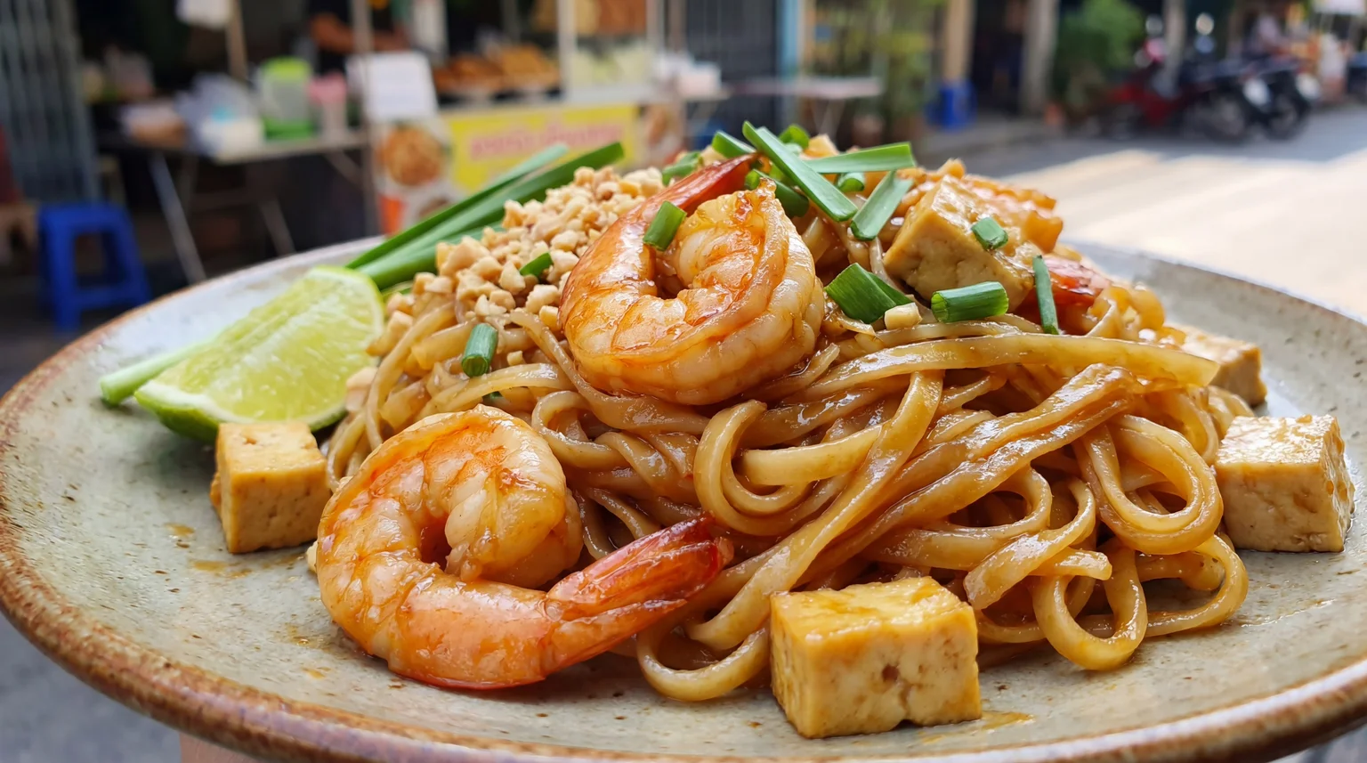 Authentic Pad Thai with shrimp, tofu, rice noodles, crushed peanuts, and lime wedge served on ceramic plate at Thai street food stall