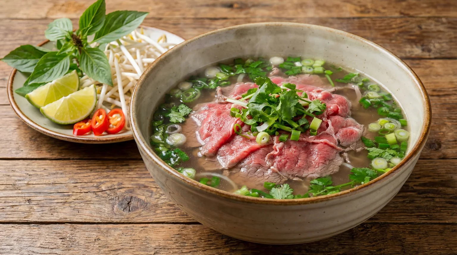 Traditional Vietnamese Pho beef noodle soup with fresh herbs and lime on the side.