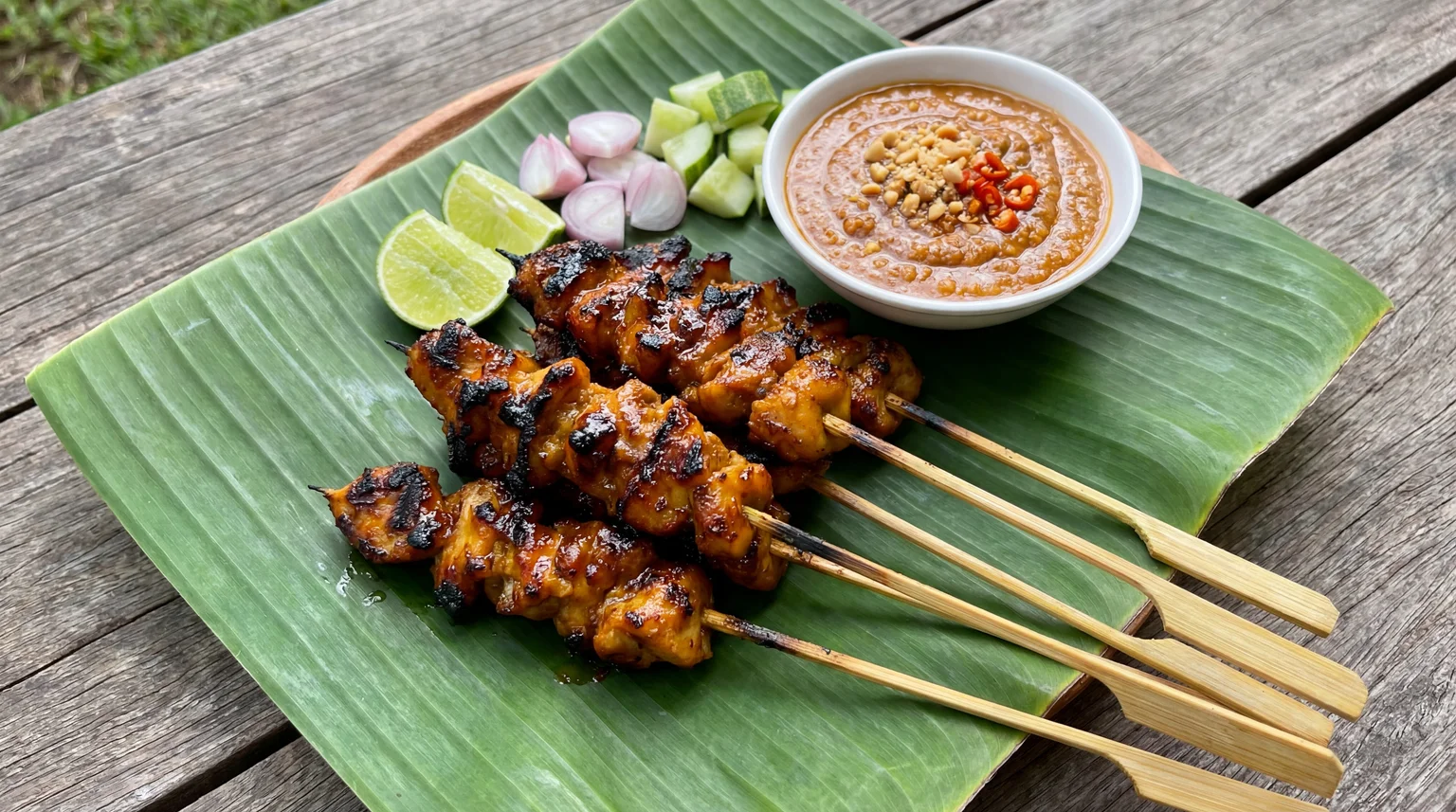 Grilled chicken satay skewers with peanut dipping sauce on a banana leaf.