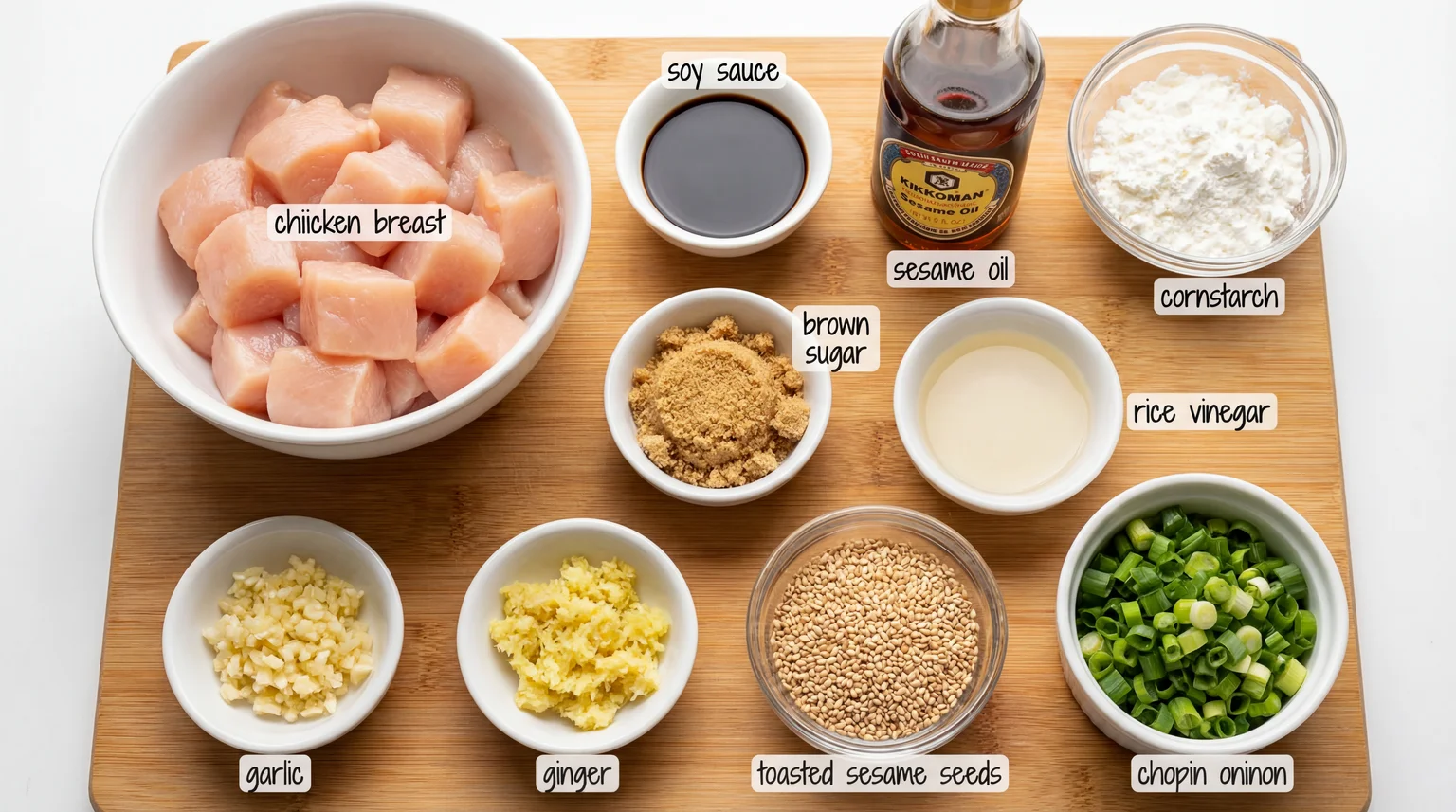 Mise en place ingredients for Sweet and Savory Sesame Chicken on bamboo board: cubed chicken breast, soy sauce, sesame oil, cornstarch, brown sugar, rice vinegar, garlic, ginger, toasted sesame seeds, and green onions