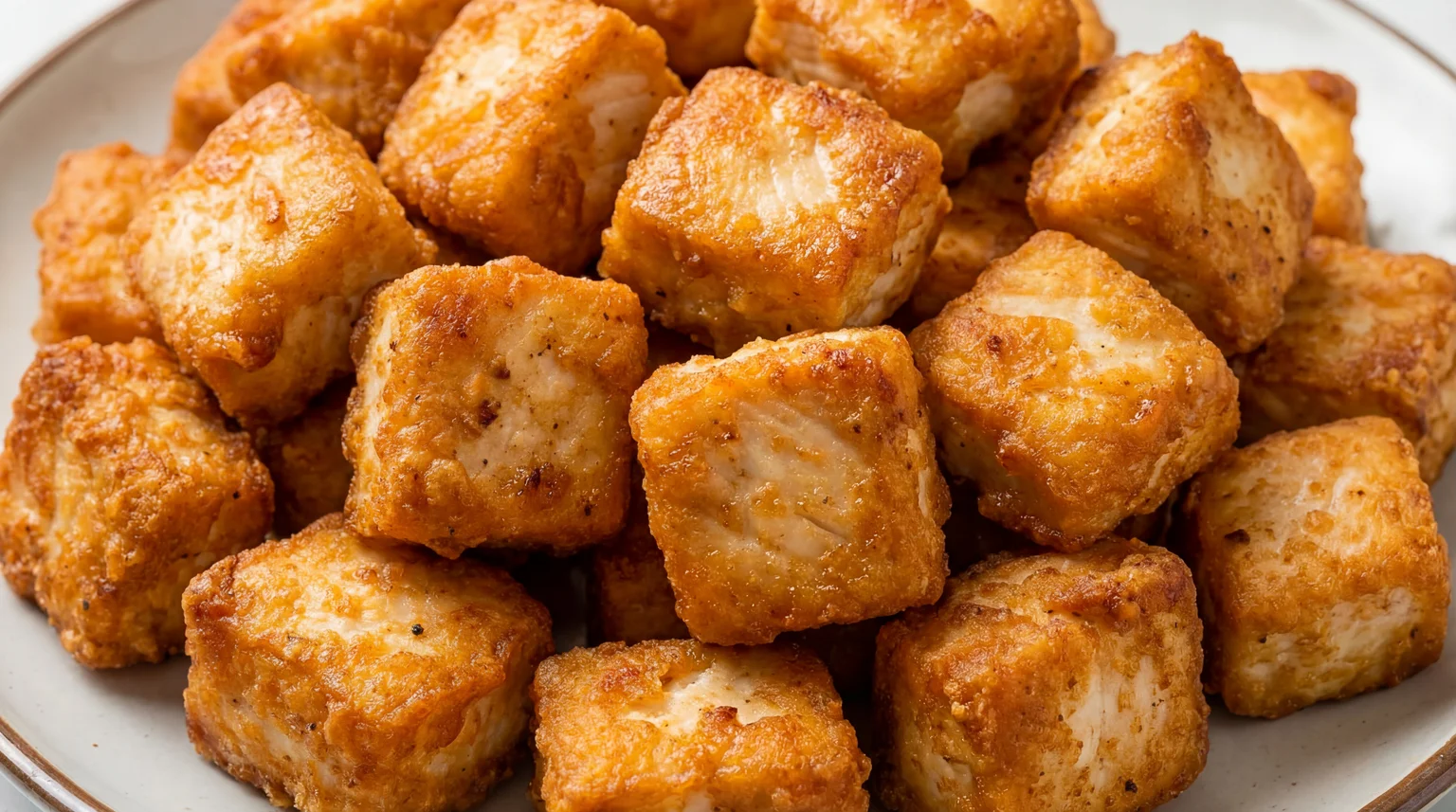Crispy double-fried chicken cubes with golden cornstarch coating for Sweet and Savory Sesame Chicken before saucing
