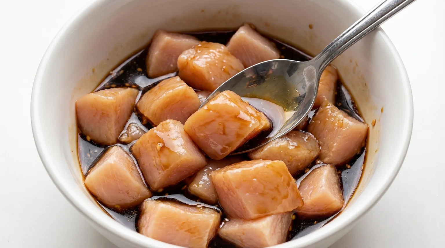 Cubed chicken breast marinating in soy sauce and sesame oil for Sweet and Savory Sesame Chicken