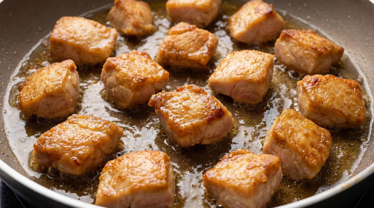Golden brown chicken cubes frying in oil for Sweet and Savory Sesame Chicken, showing crispy cornstarch coating