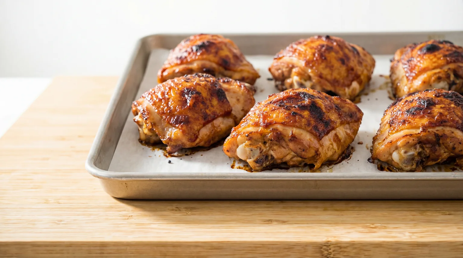 Roasted Spicy Miso Chicken Thighs on a baking sheet placed on a wooden cutting board, showcasing golden brown caramelized skin and char marks.