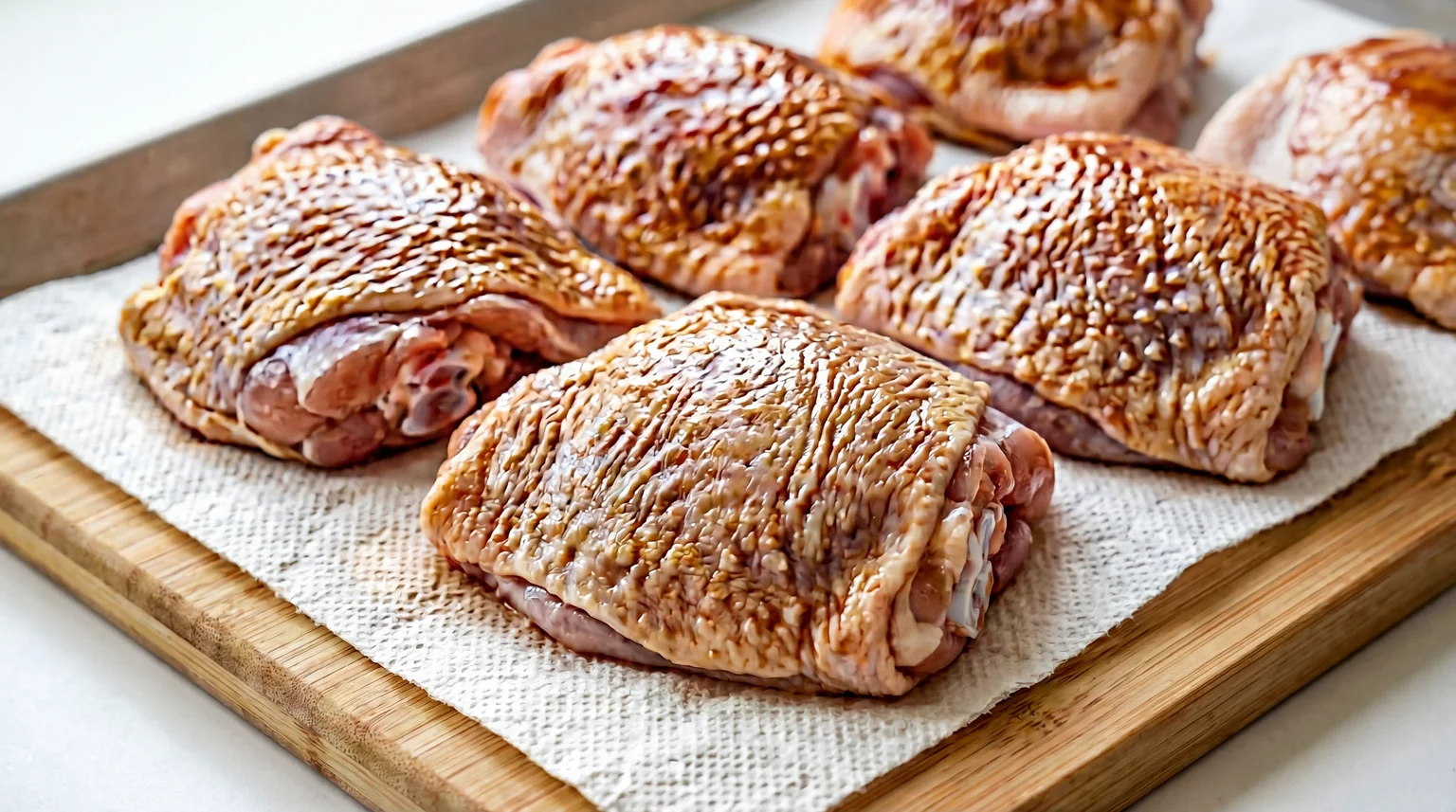 Marinated raw chicken thighs (with seasoned, glossy skin) arranged on a paper towel - lined wooden tray. Ideal for cooking recipes like roasted chicken, grilled chicken, or chicken stir - fry