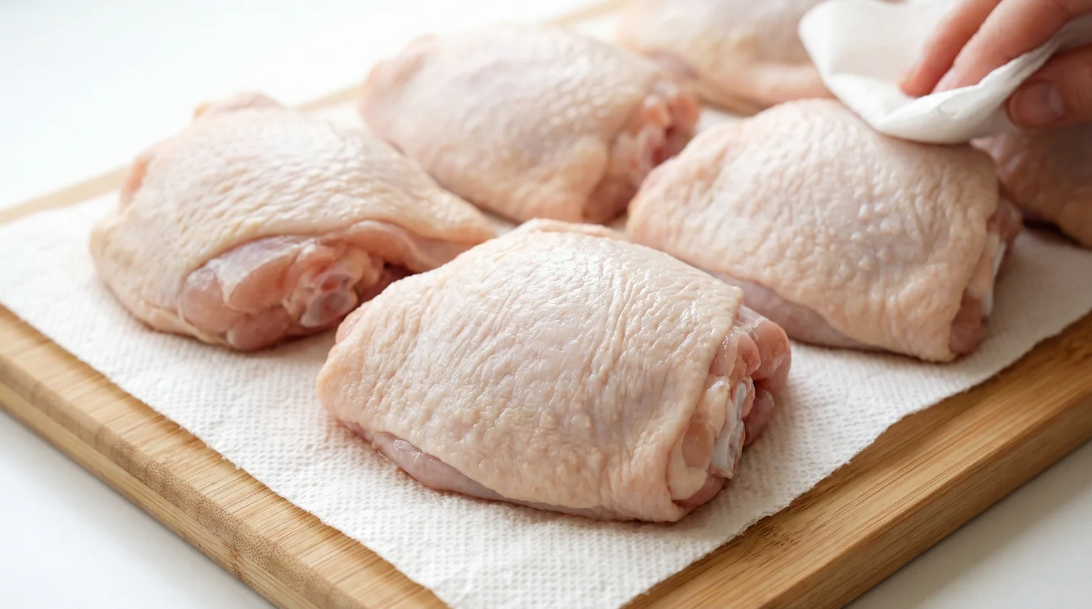 Raw chicken thighs placed on white paper towels on a wooden cutting board, with a hand patting the meat dry as part of the ingredient prep for Spicy Miso Chicken Thighs