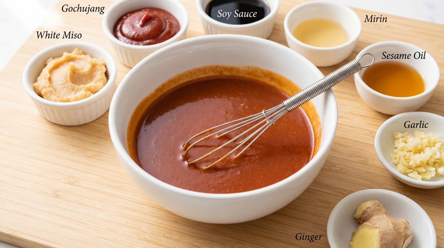 Spicy Miso Chicken Thighs glaze ingredients: white miso, gochujang, soy sauce, mirin, sesame oil, garlic, and ginger with whisked sauce in center bowl
