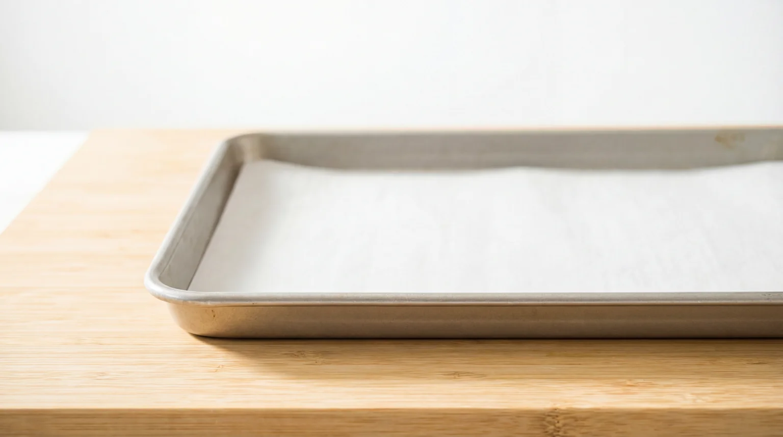Rimmed baking sheet lined with parchment paper on bamboo surface, ready for Spicy Miso Chicken Thighs
