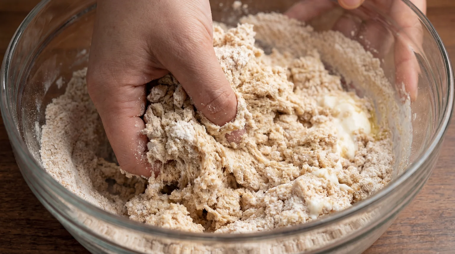 Hand-kneading Tandoori Roti dough in glass bowl—mixing whole wheat flour with yogurt and warm water for soft, elastic texture