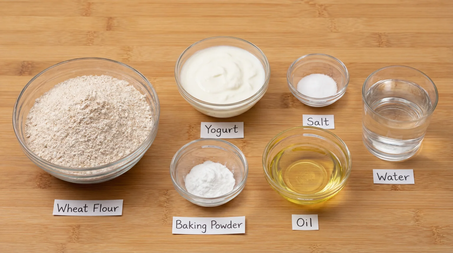 Tandoori Roti ingredients mise en place: whole wheat flour (Atta), yogurt, salt, warm water, oil, and baking powder on bamboo cutting board