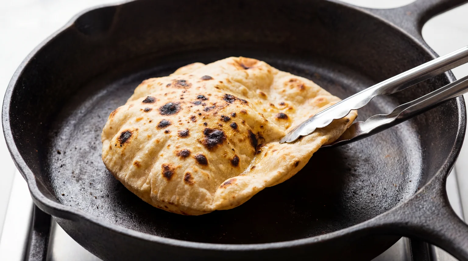 Tandoori Roti cooking on hot iron tawa—puffed whole wheat flatbread with leopard spot charring, ready for inverted flame technique