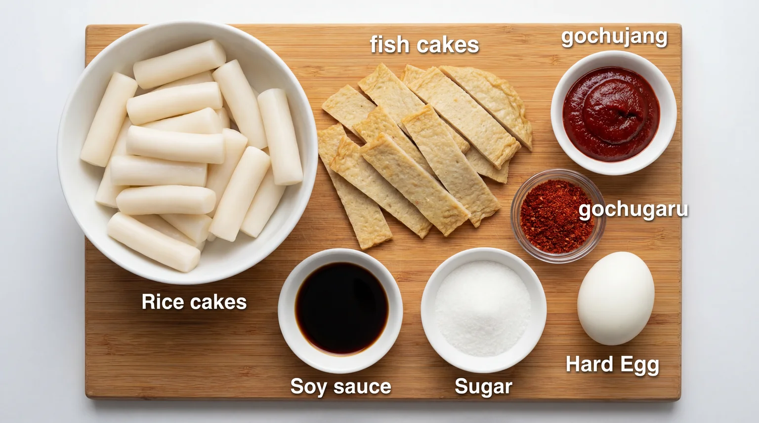 Tteokbokki ingredients on wooden board: garaetteok rice cakes, fish cakes, gochujang, gochugaru, soy sauce, sugar, and hard-boiled egg