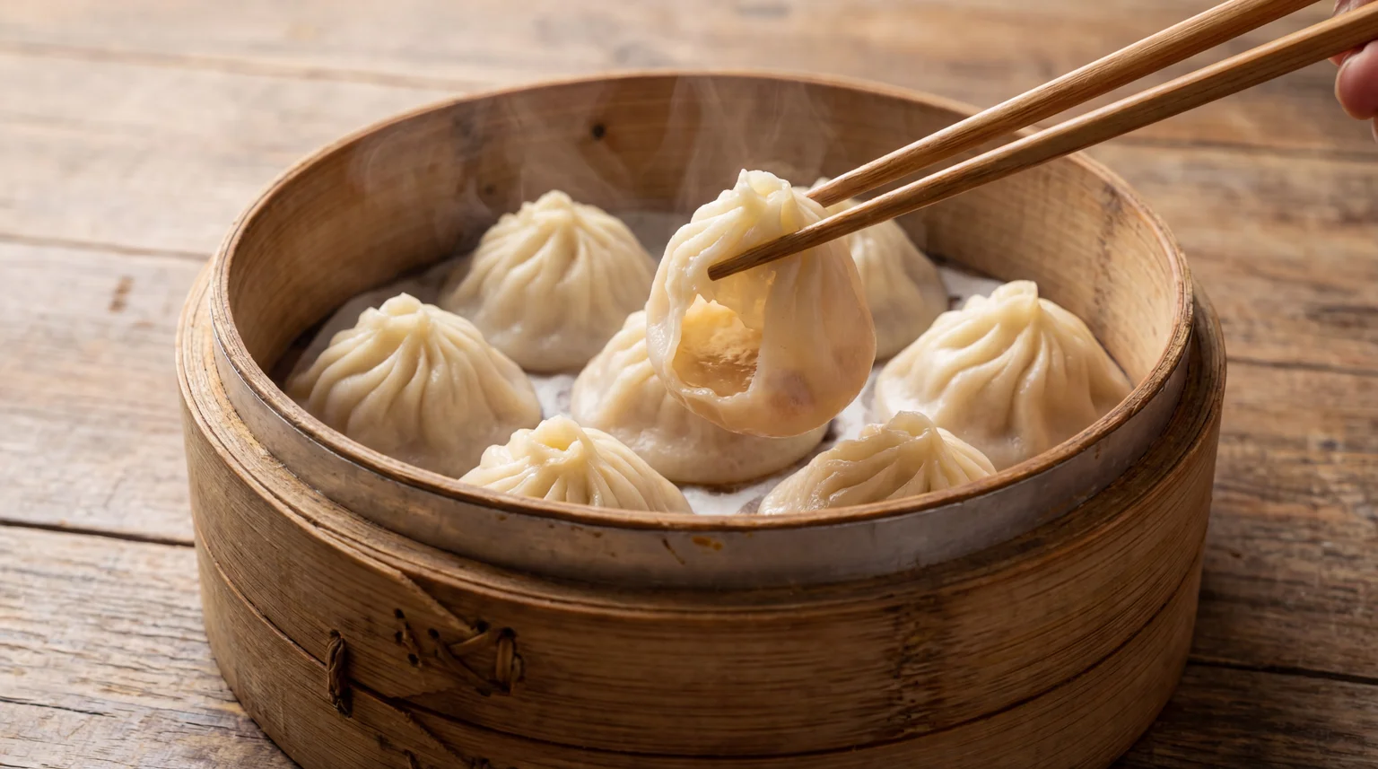 Steaming bamboo basket of Xiao Long Bao soup dumplings ready to be eaten.