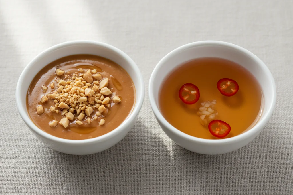 Hoisin peanut dipping sauce with crushed peanuts alongside nước chấm with chili and garlic — two dipping sauces for Vietnamese rice paper rolls