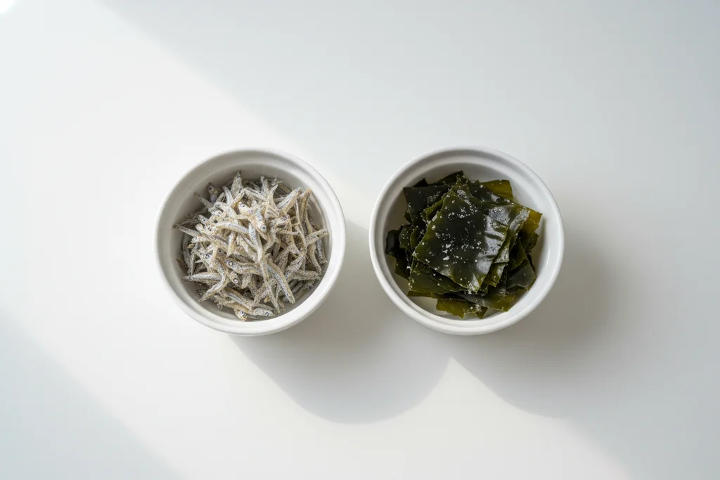 Dried anchovies (myeolchi) and dried kelp (dashima) in white ramekins for making Korean anchovy stock