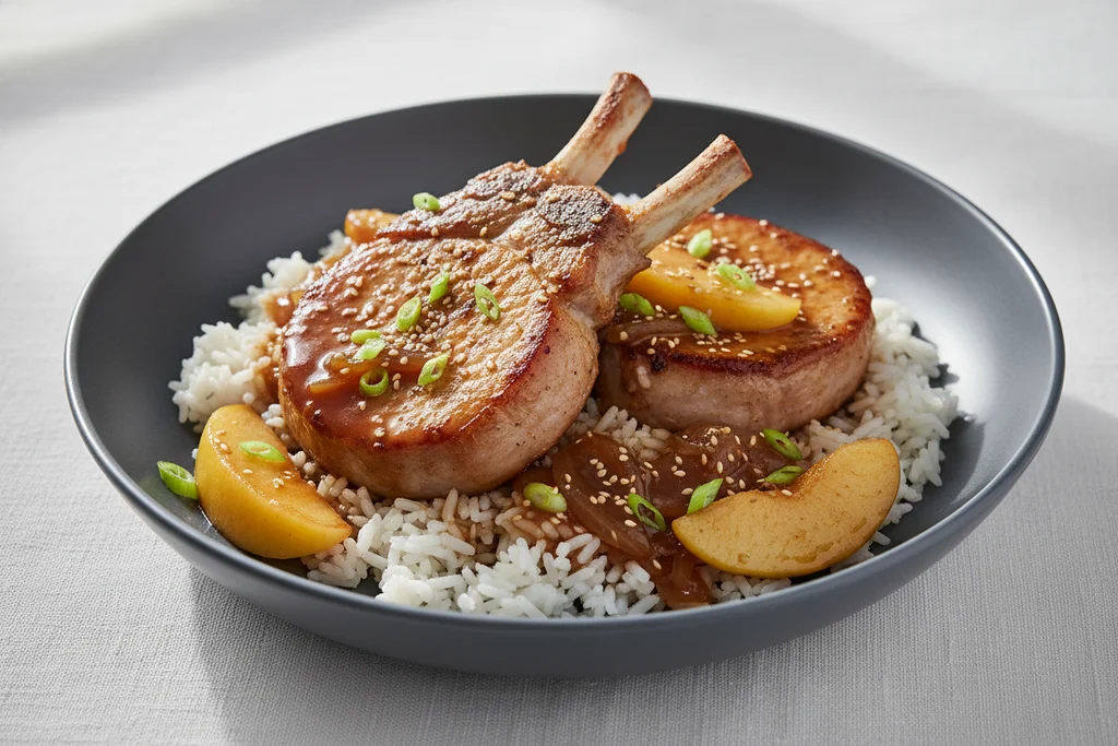Apple braised pork chops with soy ginger sauce, caramelized onions and apple wedges over jasmine rice in a ceramic bowl