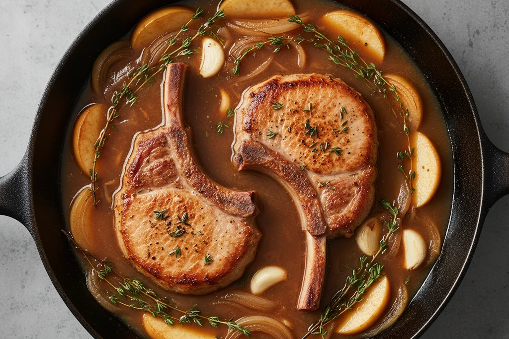 Seared bone-in pork chops nestled in a deep amber soy and apple cider braising liquid with apple wedges, caramelized onions and thyme sprigs in a cast iron skillet