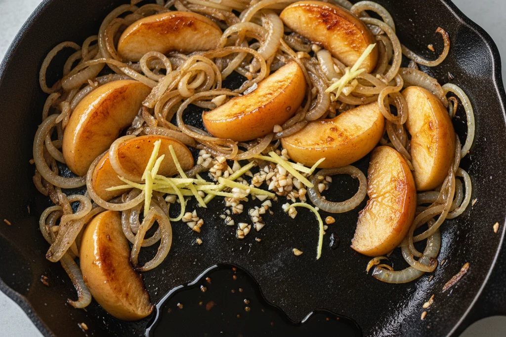 Caramelized onions, browned apple wedges, garlic and ginger deglazing in a cast iron skillet with soy sauce before the braise liquid is added