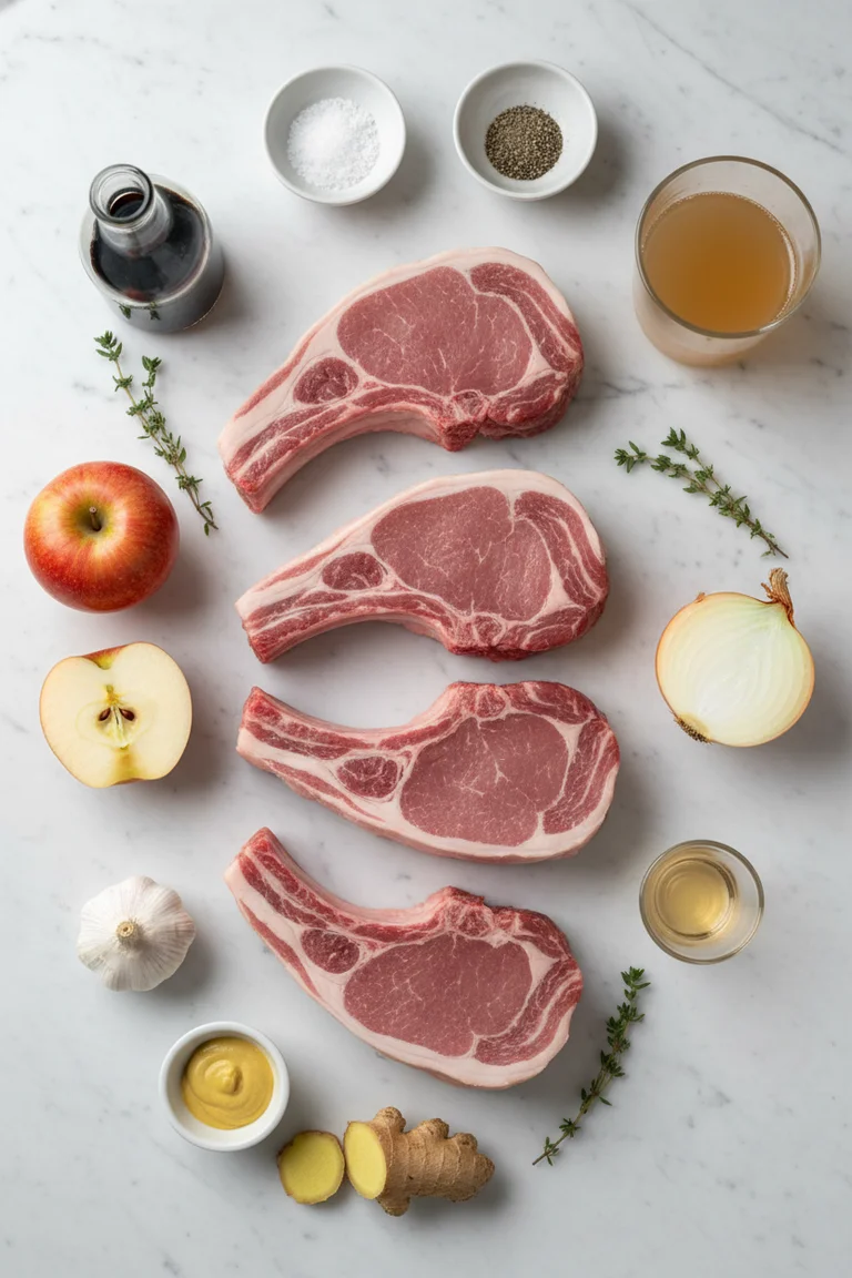 All ingredients for apple braised pork chops with soy and ginger laid out flat: raw bone-in pork chops, Honeycrisp apples, ginger, garlic, soy sauce, Dijon mustard, and fresh thyme