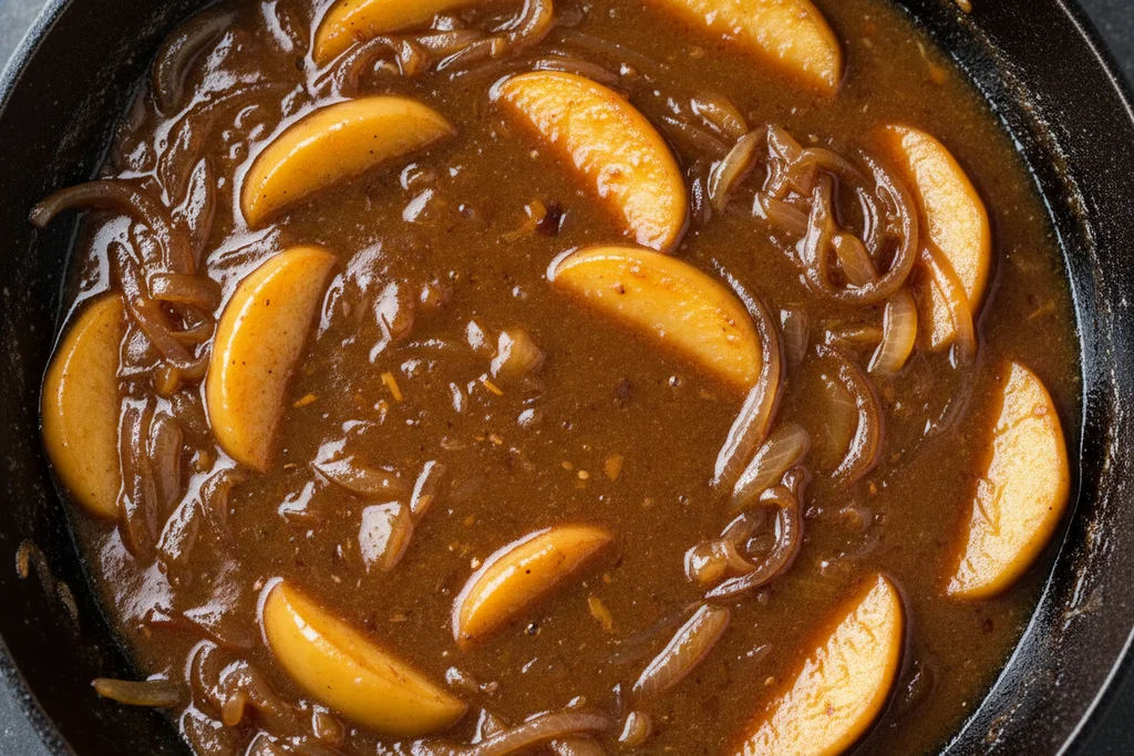 Thick glossy reduced soy and apple cider braise sauce coating the back of a ceramic spoon, showing perfect sauce consistency