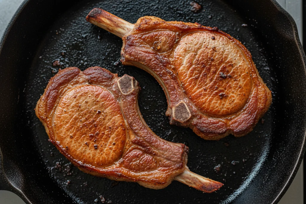 Bone-in pork loin chops with a deep golden-brown Maillard sear crust resting in a black cast iron skillet