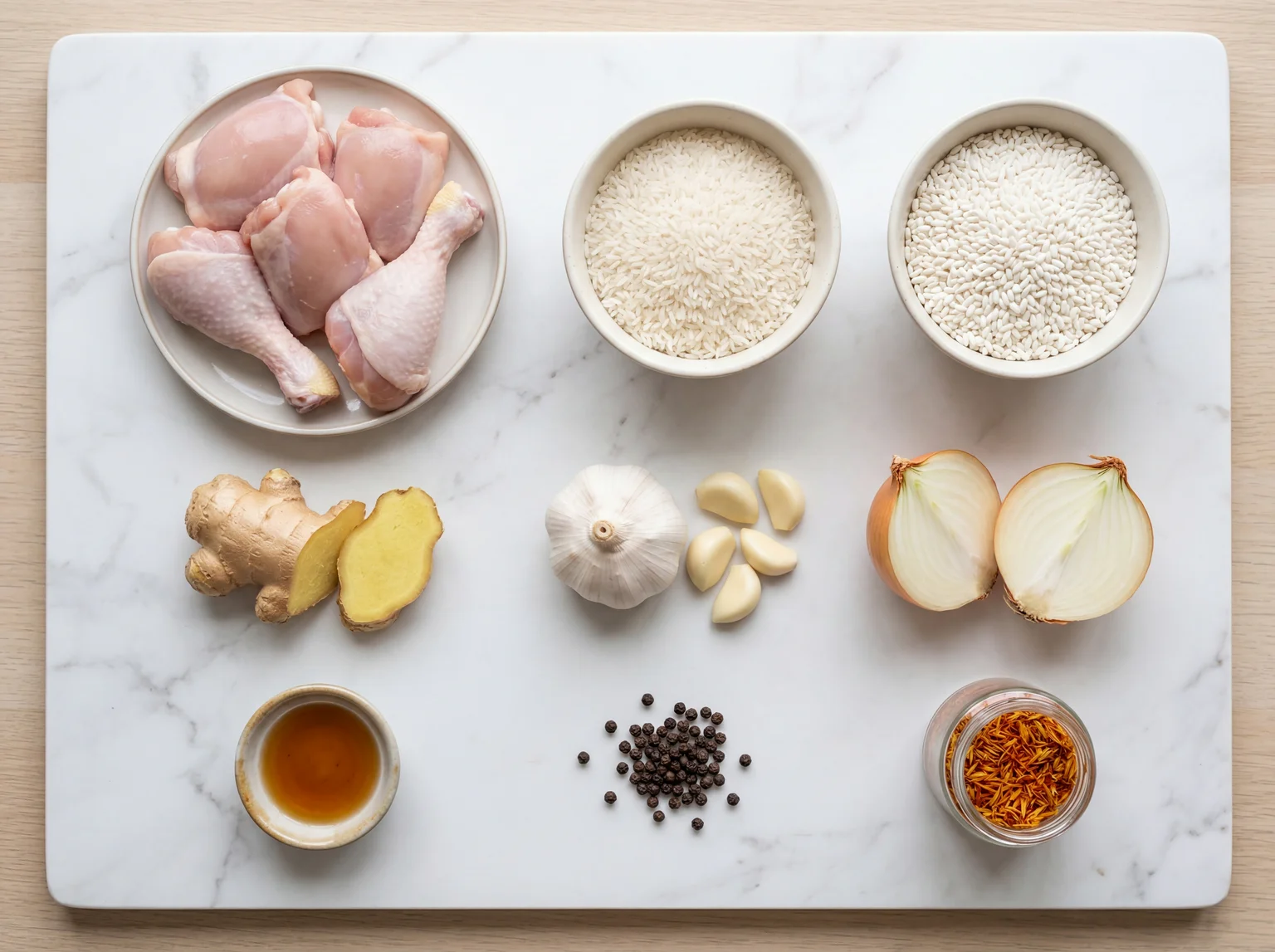 Ingredients for arroz caldo laid out on white marble including raw chicken, jasmine rice, glutinous rice, fresh ginger, garlic, onion, and fish sauce