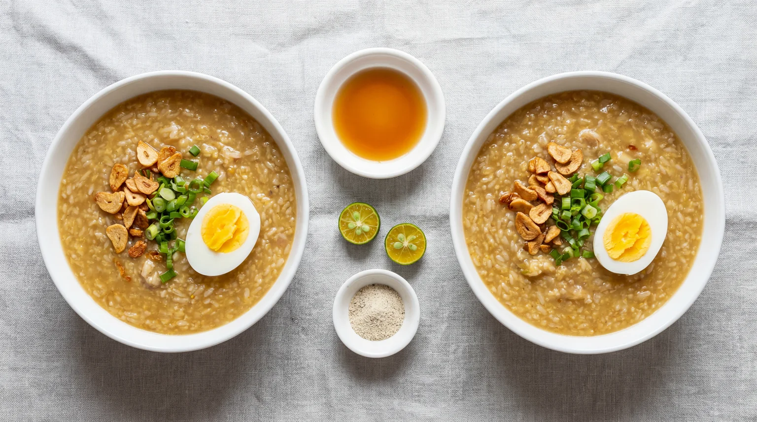 Overhead view of two bowls of arroz caldo Filipino chicken rice porridge with toasted garlic, boiled egg, scallions, fish sauce, and calamansi
