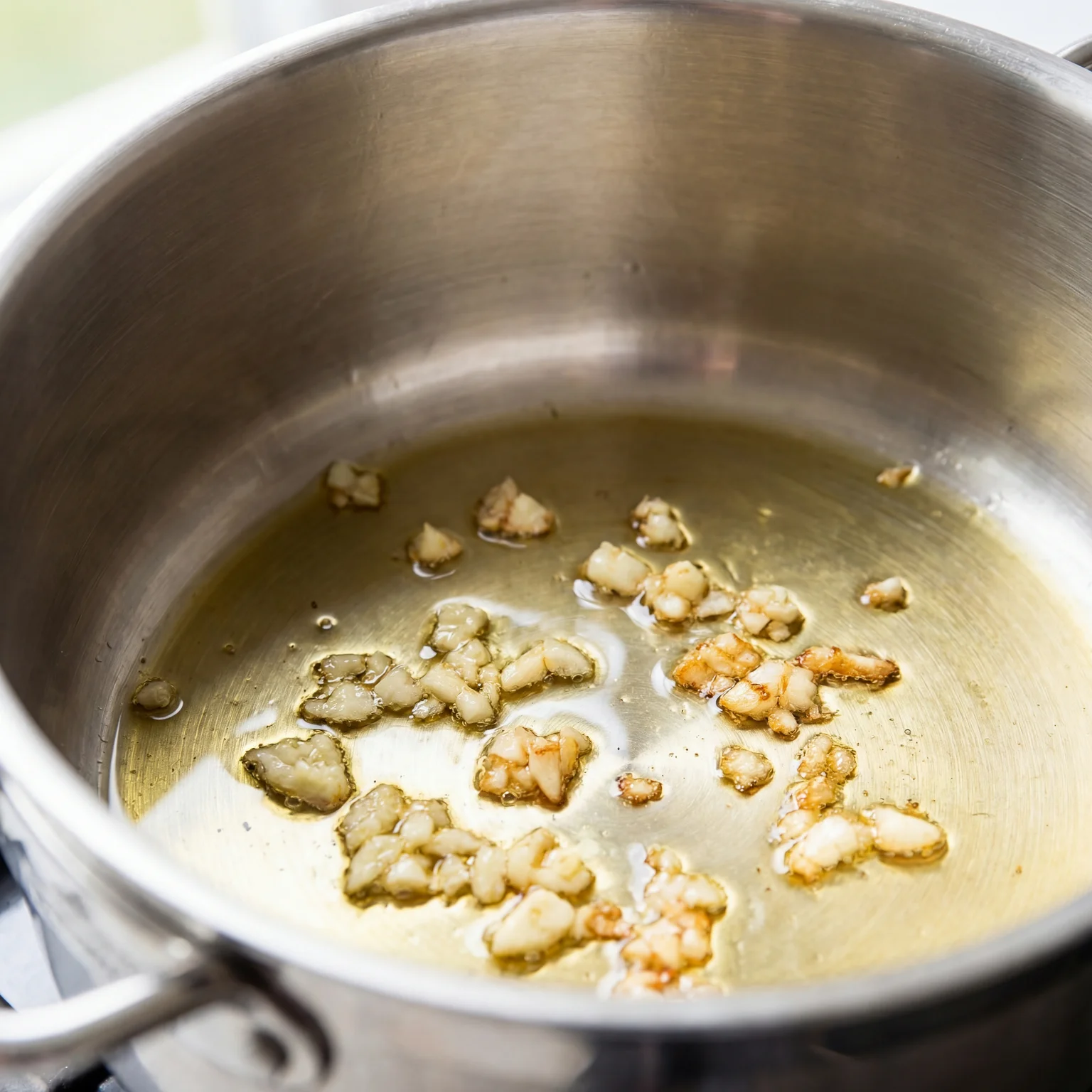 Minced garlic toasting to golden brown in shimmering oil inside a stainless Dutch oven for arroz caldo