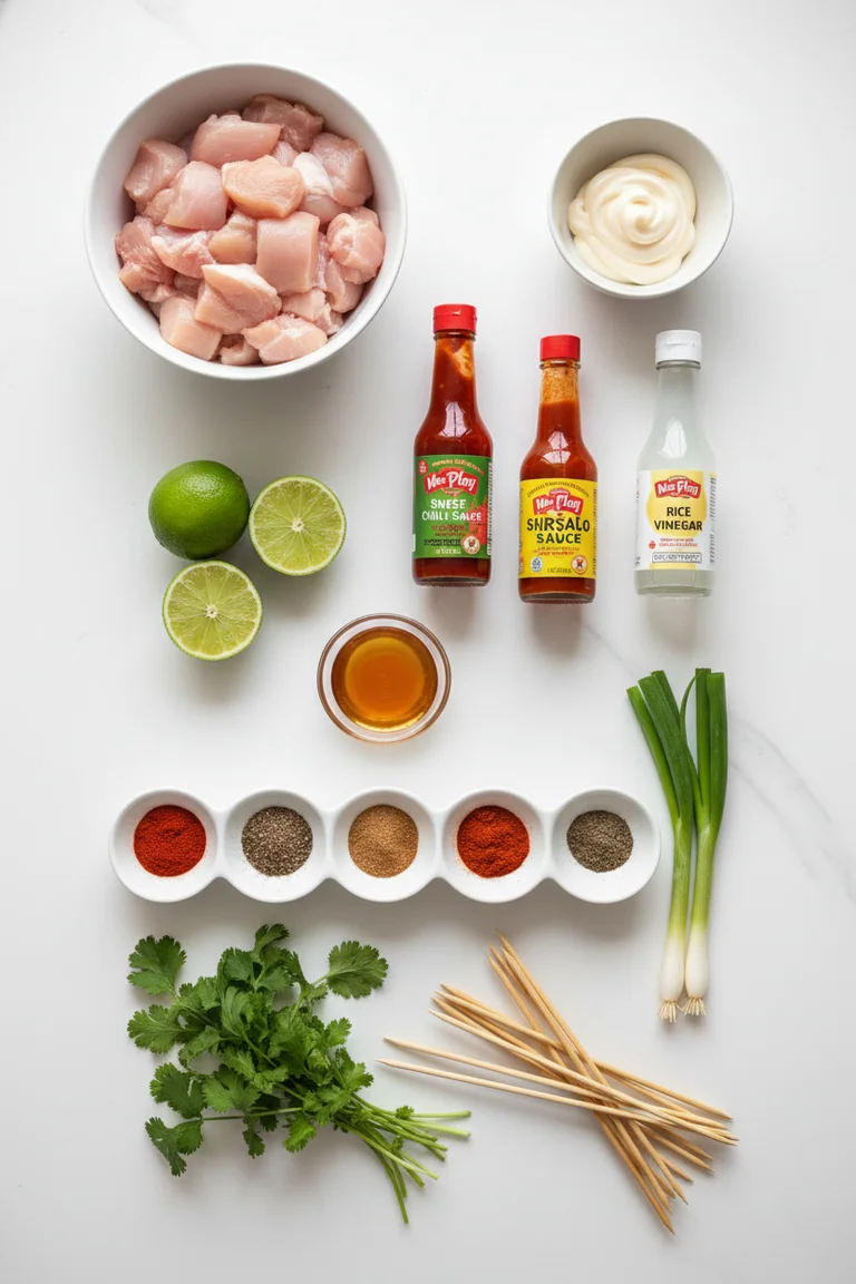 All ingredients for bang bang chicken skewers laid out on a seamless white surface including chicken thighs, Mae Ploy sweet chili sauce, sriracha, mayonnaise, spices and bamboo skewers