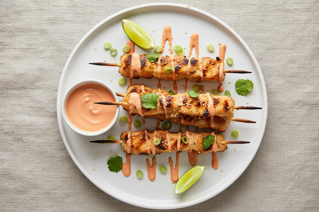 Overhead view of six bang bang chicken skewers on a round white plate with a dipping bowl of coral sauce, garnished with cilantro, sesame and lime on linen