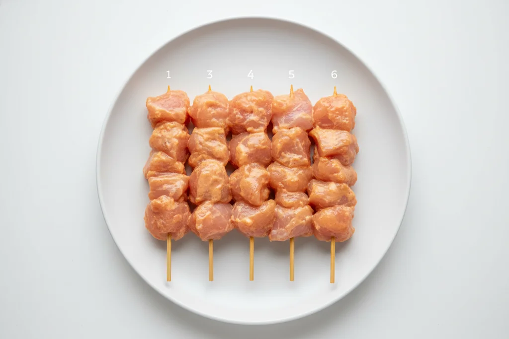 Six bamboo skewers threaded with raw chicken thigh pieces coated in pale orange bang bang marinade on a round white plate, ready to cook