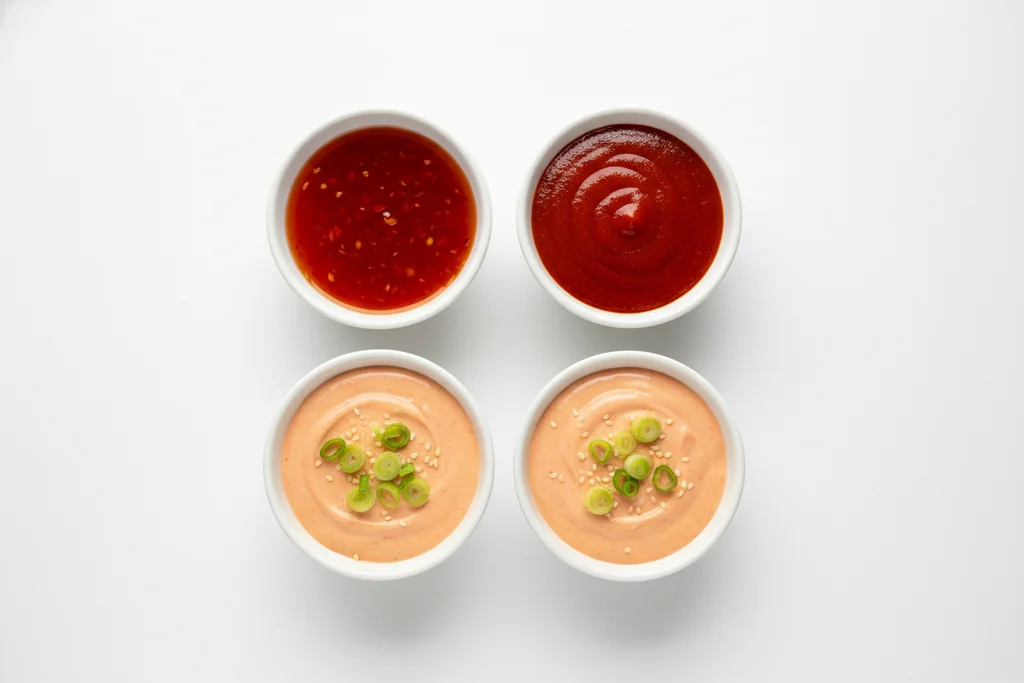 Overhead view of two bowls of creamy coral bang bang sauce with bowls of sweet chili sauce and sriracha alongside, garnished with sesame seeds and green onion