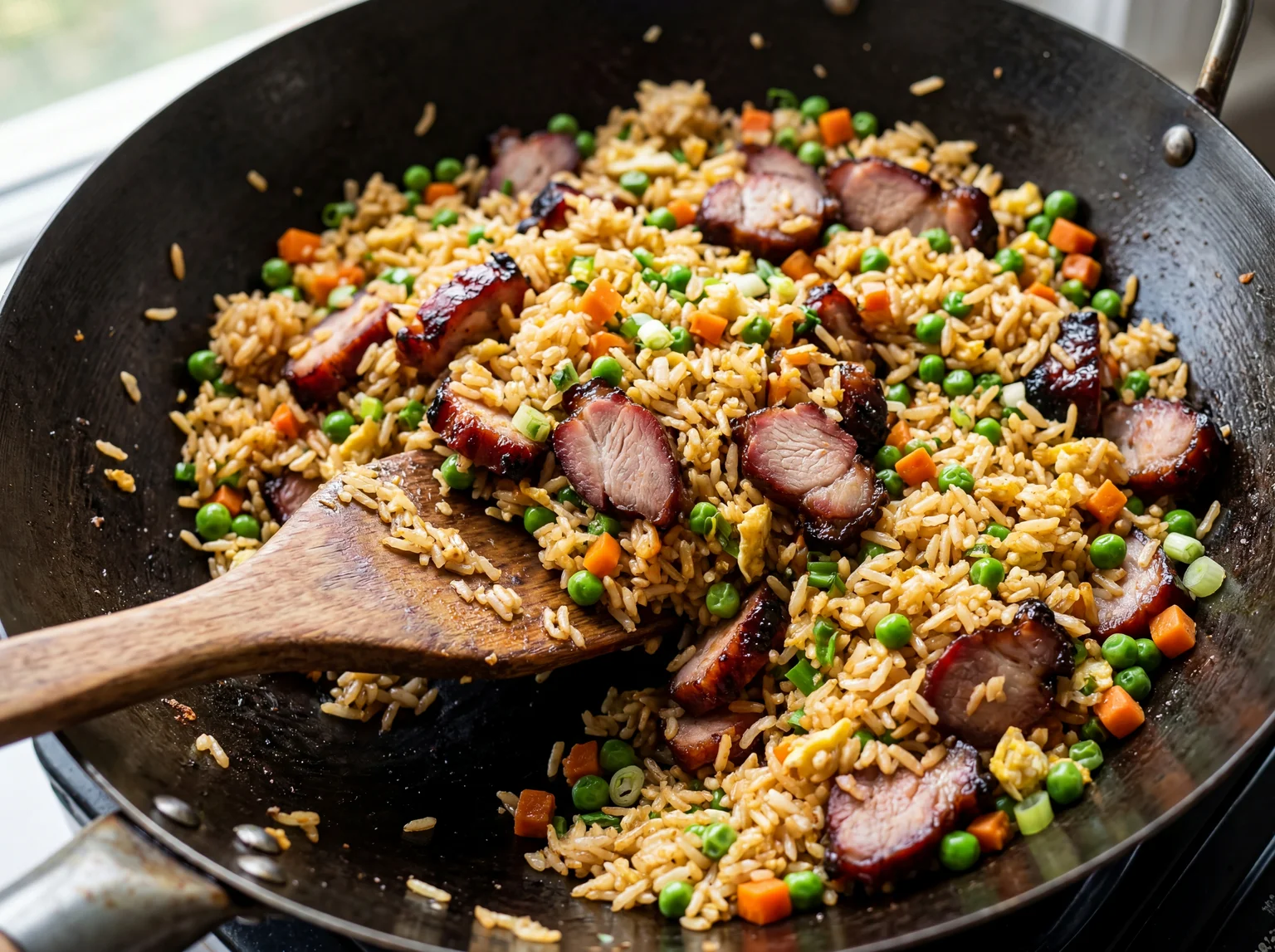 Sliced char siu BBQ pork being tossed into golden jasmine fried rice with green peas and carrots in a carbon steel wok