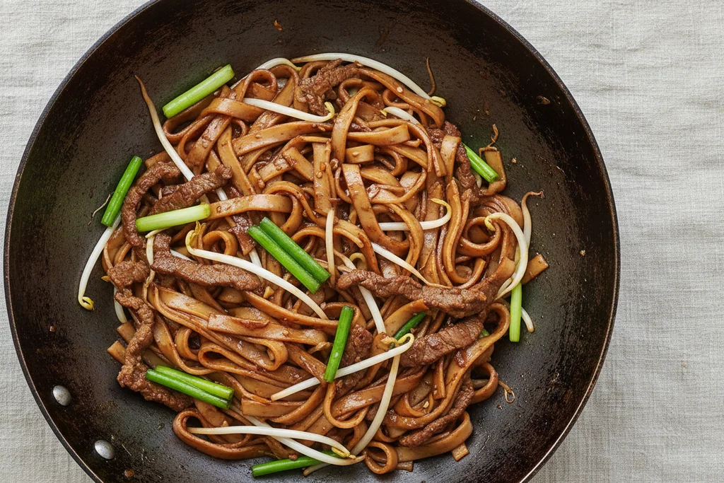 Finished beef chow fun in a carbon steel wok — wide flat ho fun rice noodles with seared beef, bean sprouts and scallion batons on a linen surface