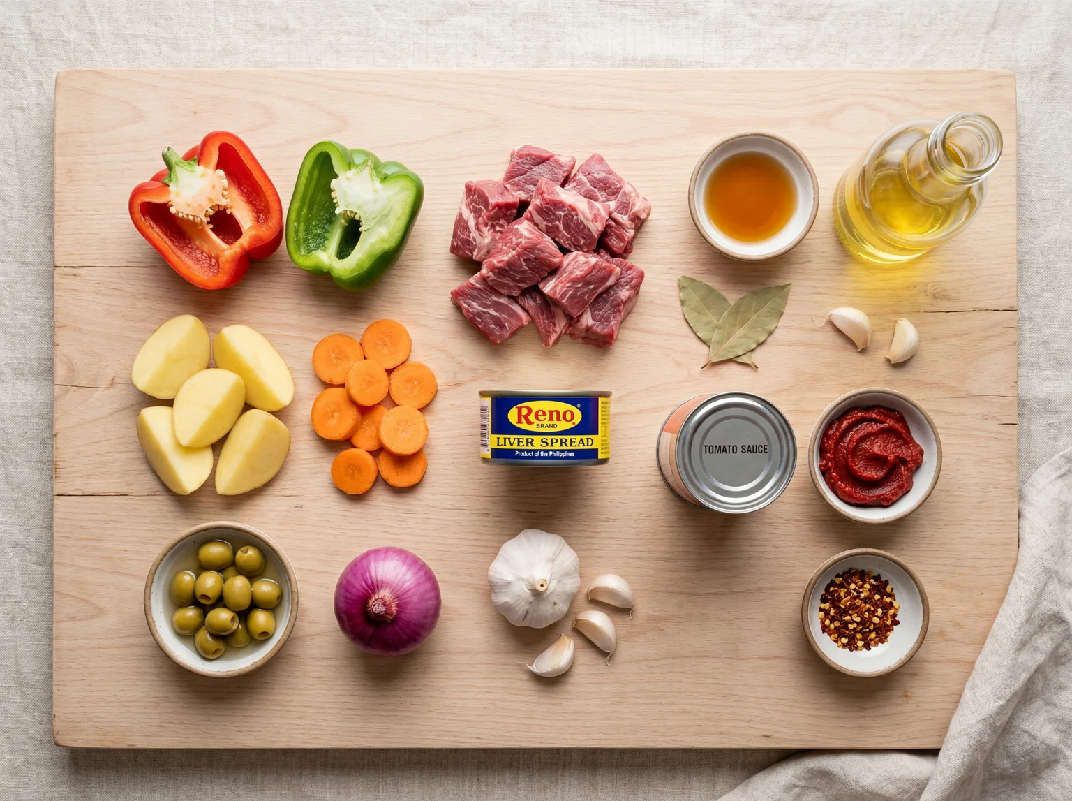 Ingredients for Beef Kaldereta recipe laid out on a wooden surface — beef chuck, liver spread, tomato sauce, potatoes, carrots, bell peppers, and green olives