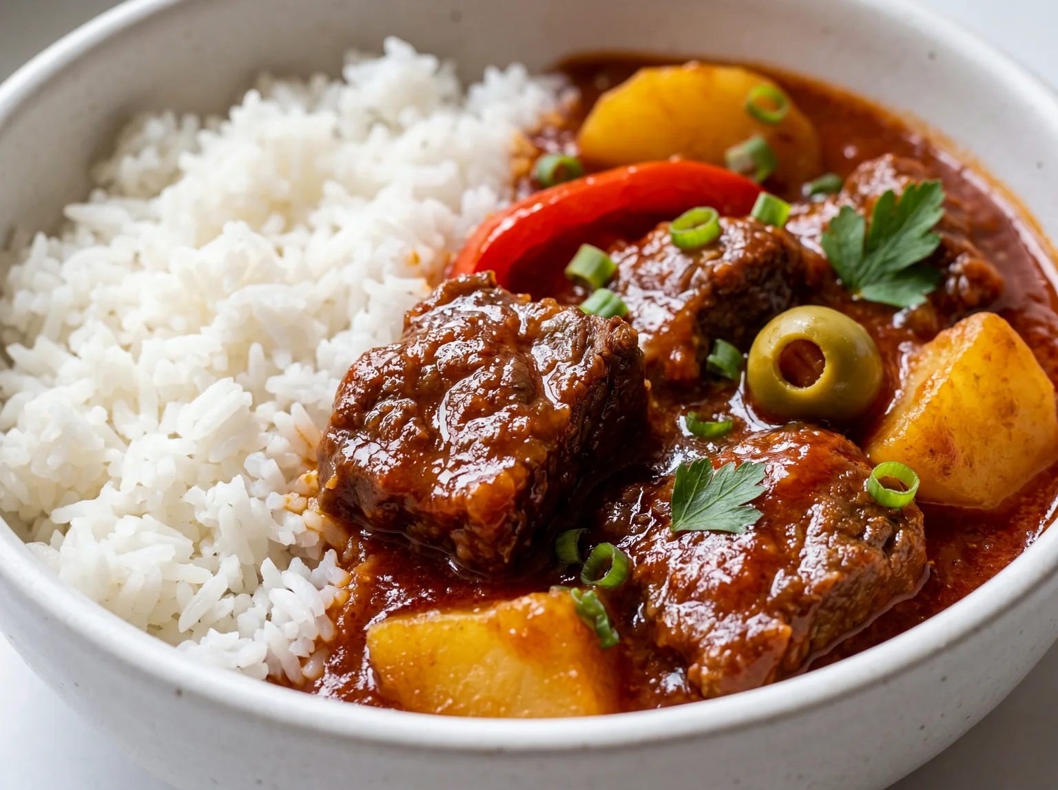 Beef Kaldereta served over steamed white rice in a ceramic bowl — classic Filipino fiesta dish ready to eat