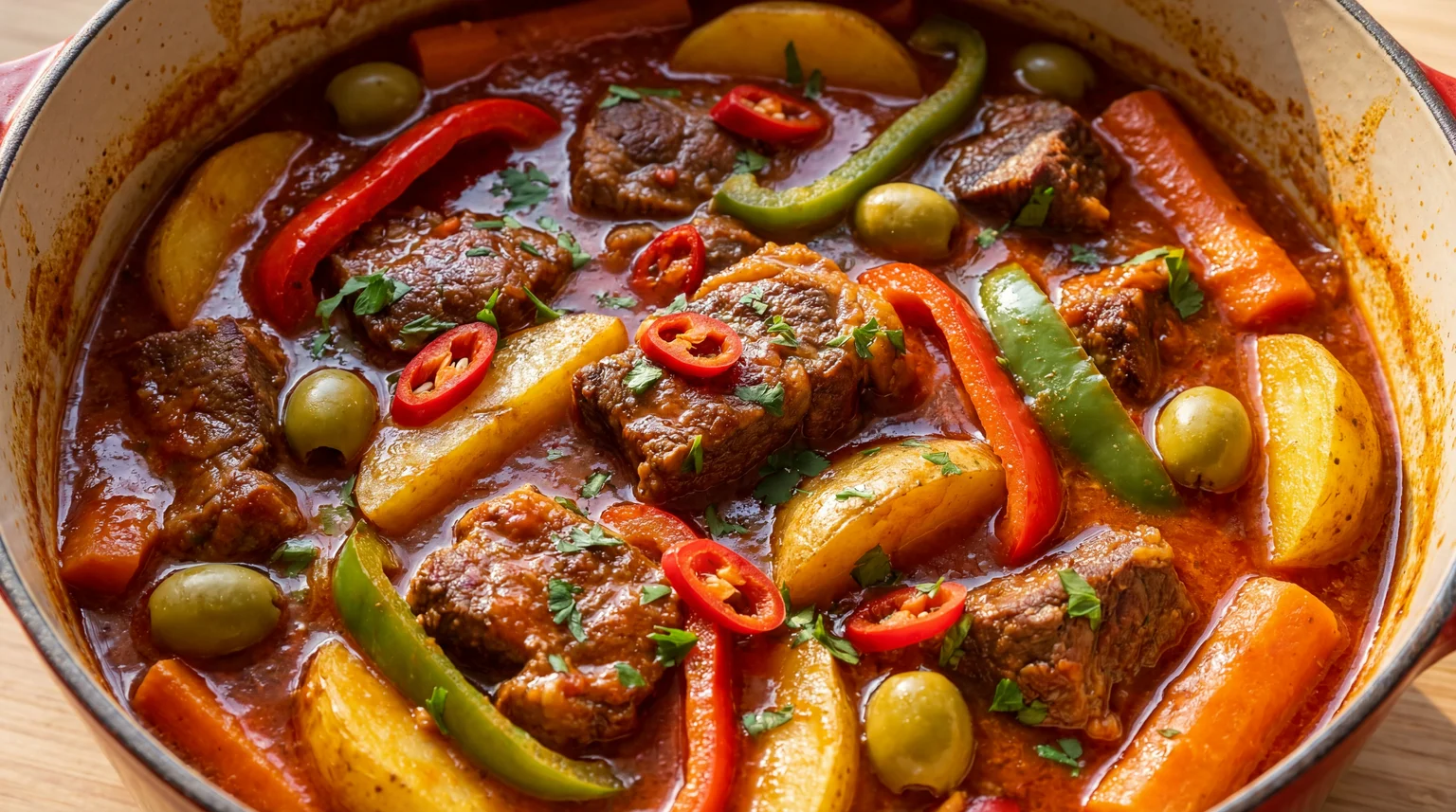 Beef Kaldereta simmering — thick glossy tomato sauce with beef, potatoes, carrots, and green olives