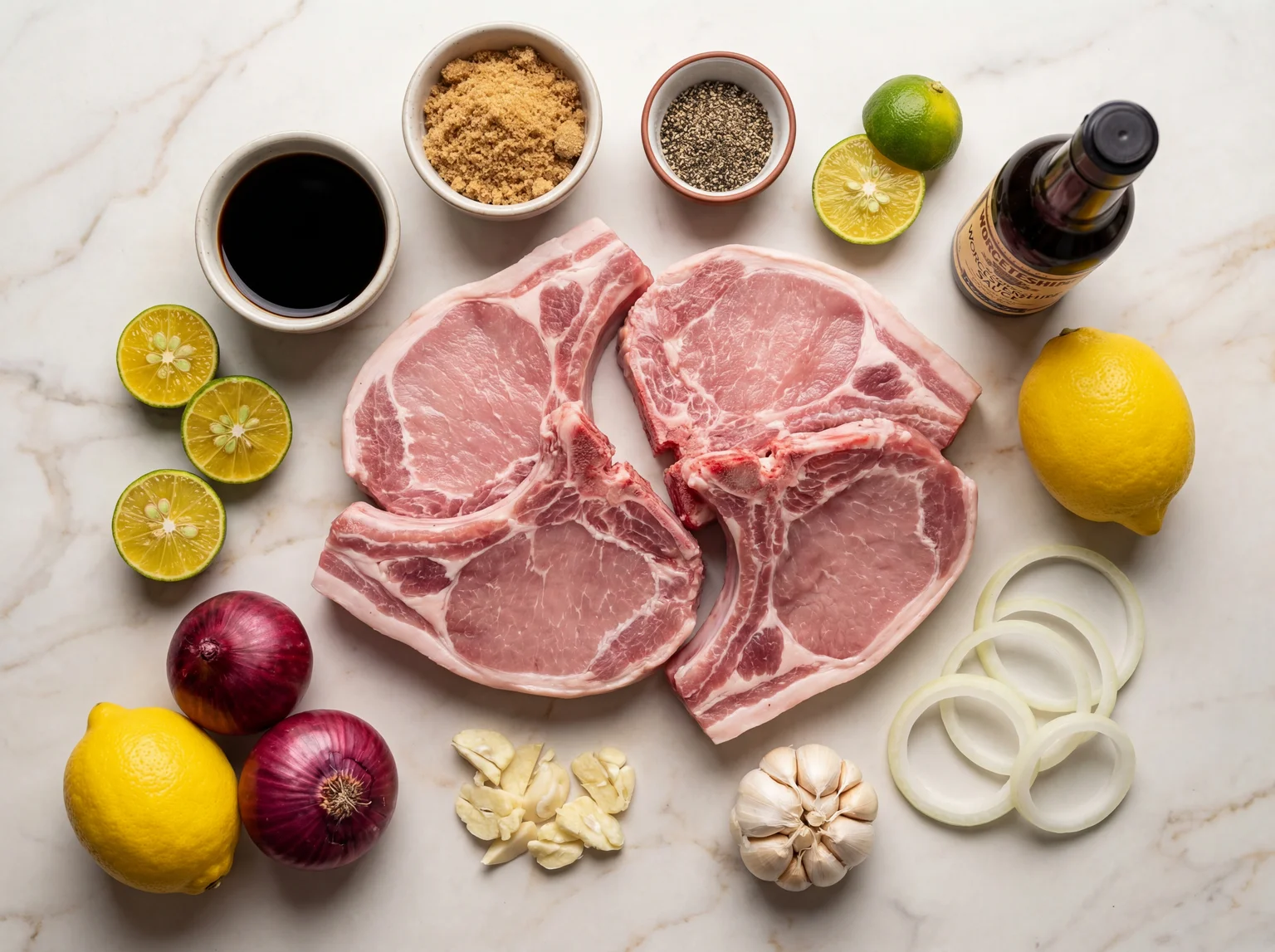 Flatlay of Filipino pork steak ingredients including pork chops, calamansi, soy sauce, garlic, red onion, and black pepper