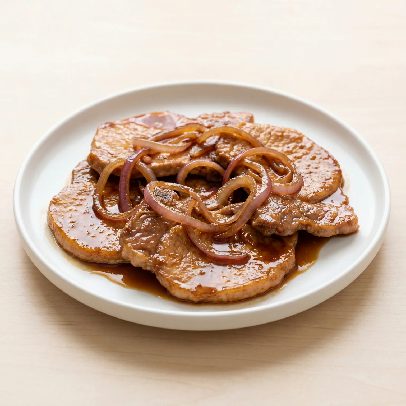 close-up of glossy soy calamansi sauce on Filipino pork bistek tagalog topped with soft red onion rings