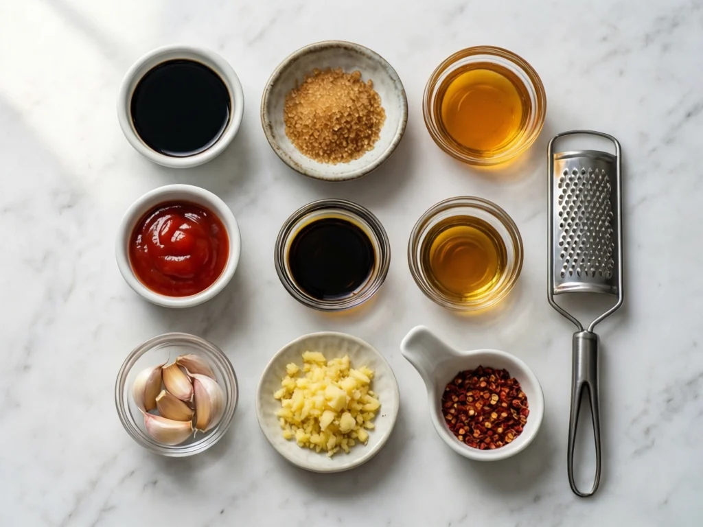 All bourbon chicken recipe ingredients arranged flat lay on white marble including chicken thighs, soy sauce, brown sugar, ginger, garlic, and bourbon