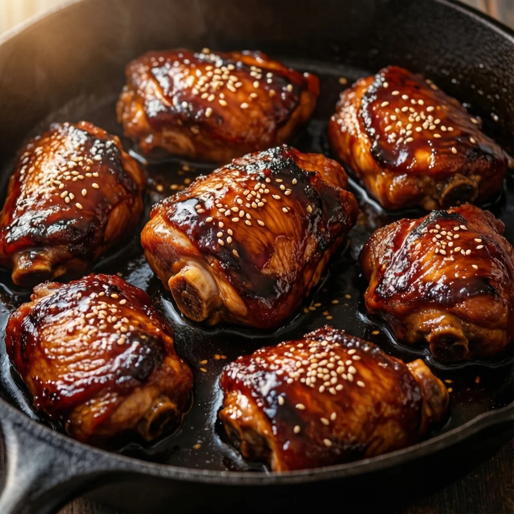 bourbon chicken pieces coated in thick sticky amber glaze in a cast iron skillet