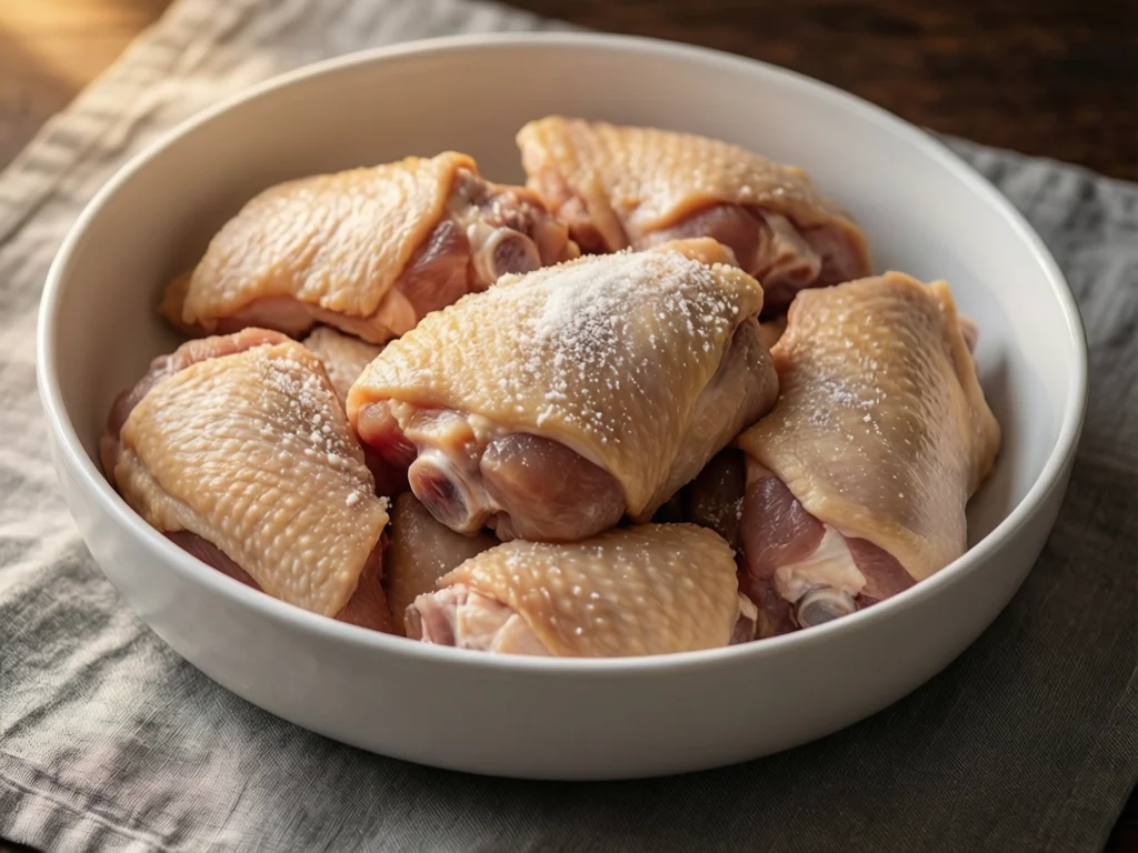 Raw chicken thigh pieces coated in cornstarch in a white bowl ready for velveting technique