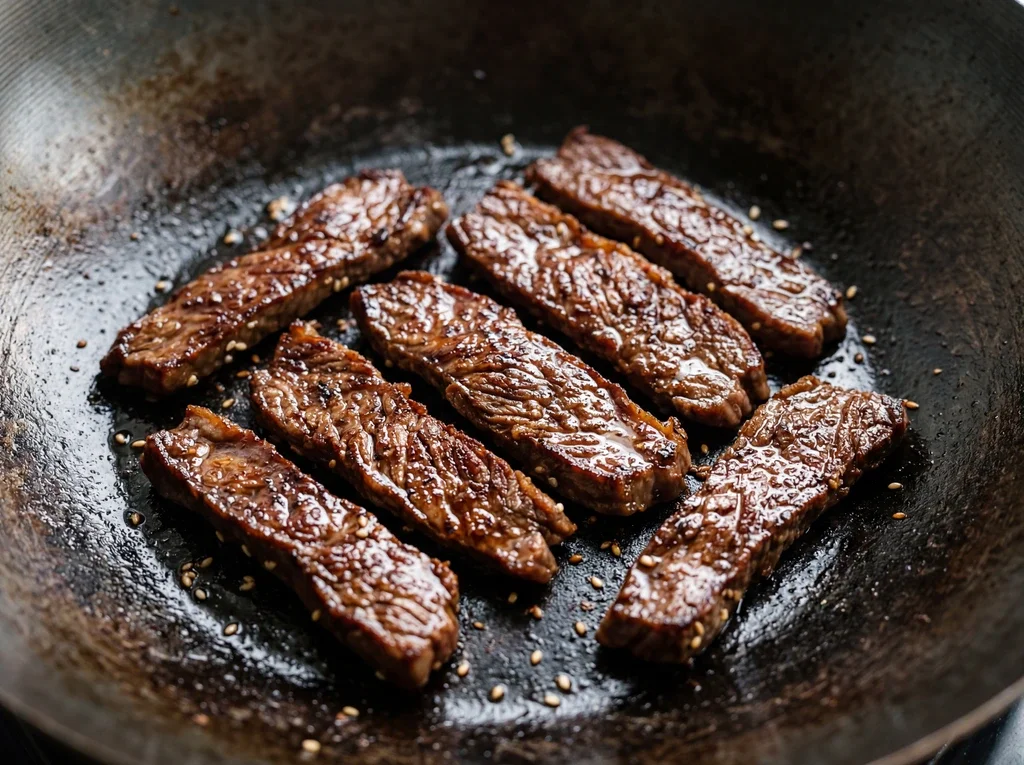 Velveted flank steak strips with a deep mahogany sear crust arranged in a single layer inside a seasoned carbon steel wok