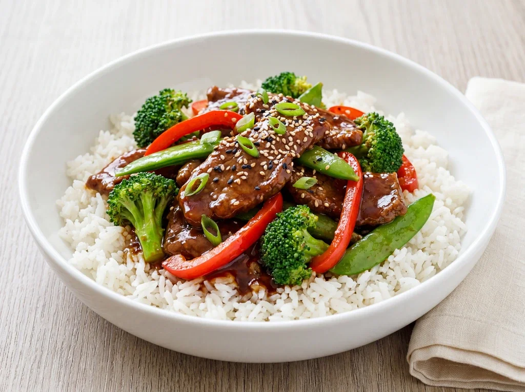 Alt Text: Chinese beef stir fry with glossy oyster sauce glaze, broccoli, and red bell pepper served over steamed jasmine rice in a white ceramic bowl on a light oak wood surface