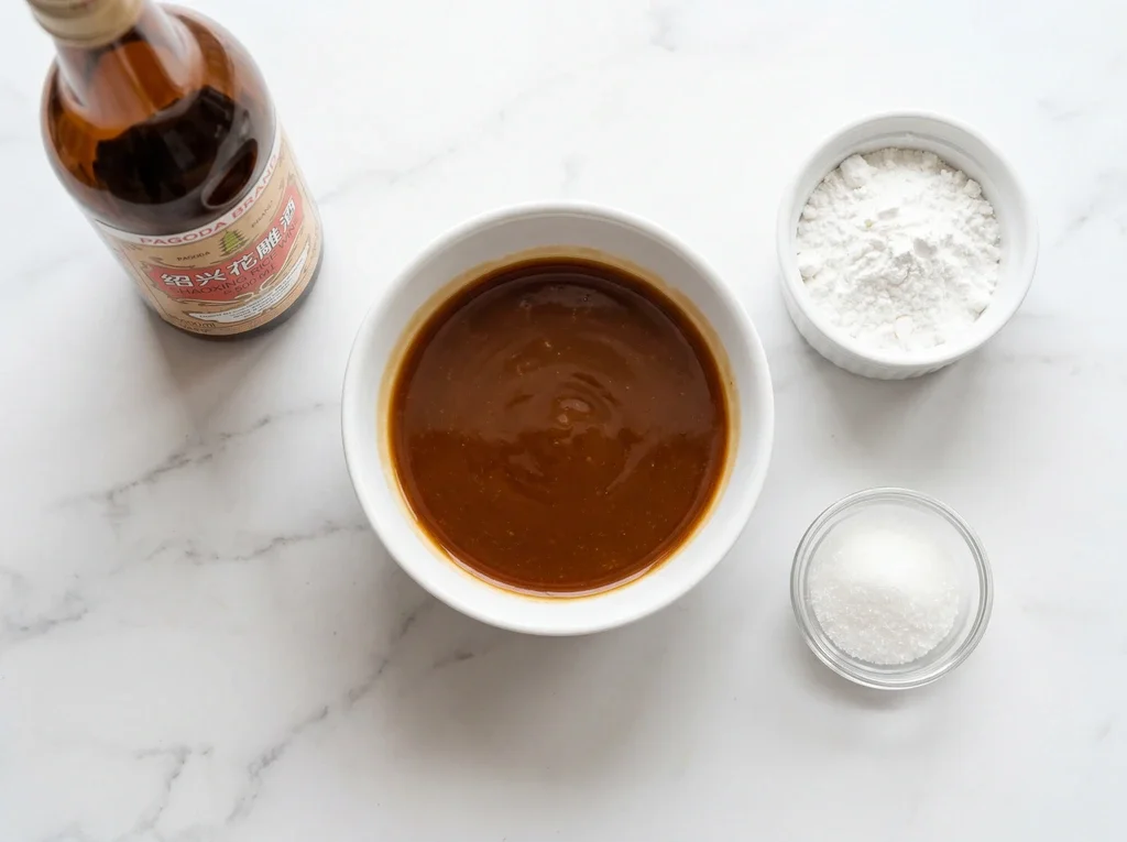 Pre-mixed Chinese stir fry sauce in a white ceramic bowl beside cornstarch, sugar, and Shaoxing rice wine on a marble surface