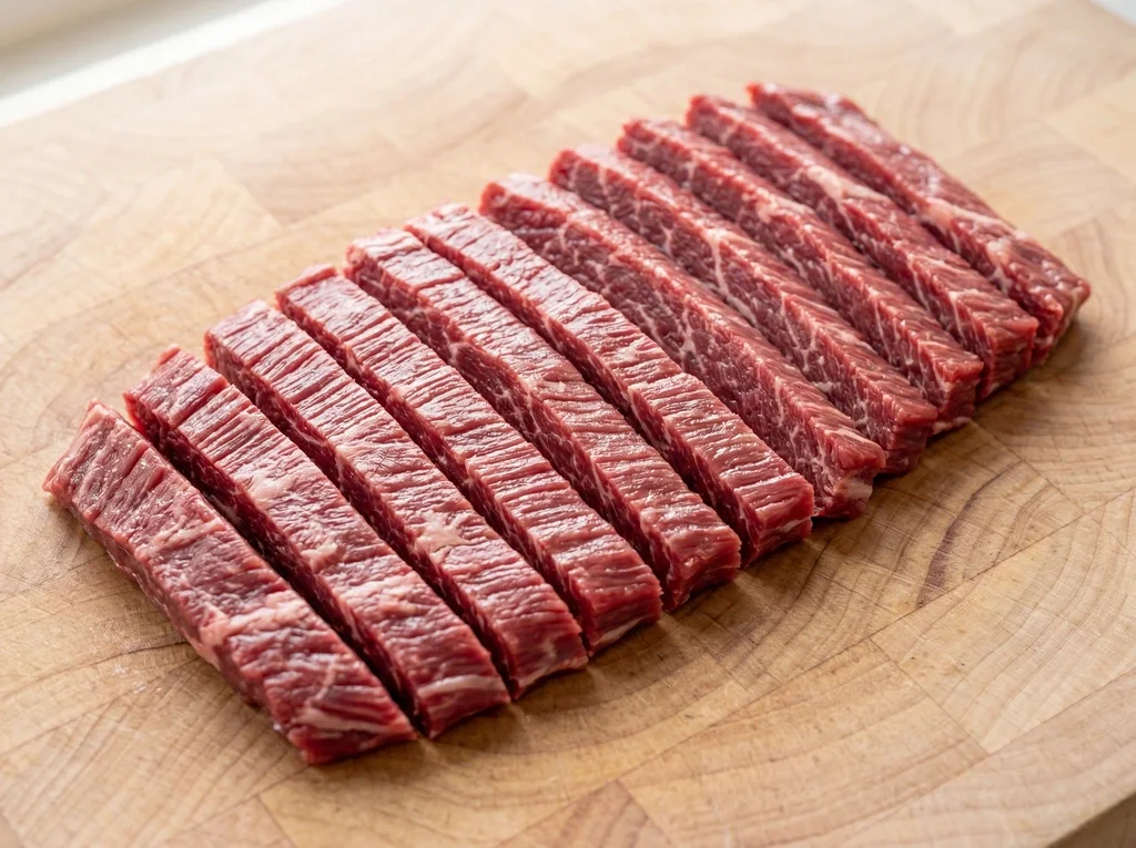 Thinly sliced raw flank steak strips arranged on a wooden cutting board, sliced against the grain for Chinese beef stir fry