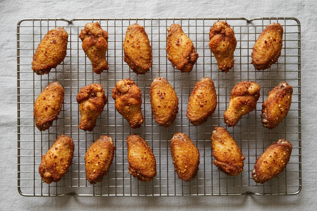 Crispy double-fried Chongqing chicken wings draining on a wire rack after the second fry, skin deeply golden and blistered