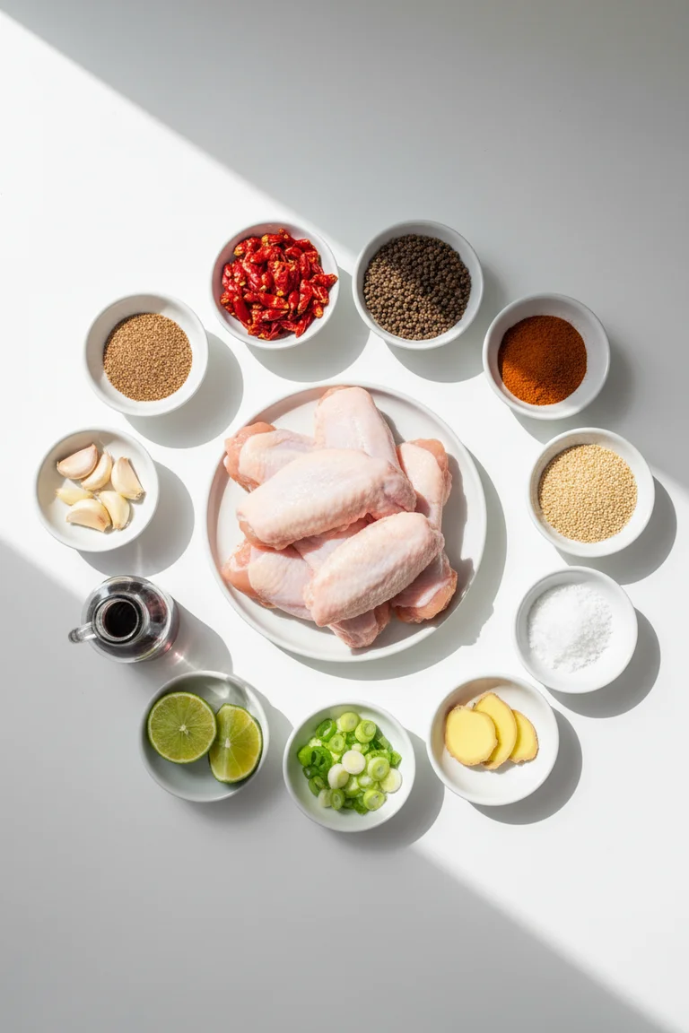 Flat lay of all Chongqing chicken wings ingredients in small white bowls including Sichuan peppercorns, dried red chiles, raw chicken wings, cumin seeds and Shaoxing rice wine
